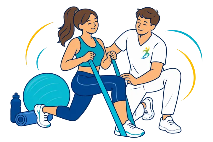Un professionnel du cabinet guide une pratiquante dans un exercice avec élastique, à côté d'un ballon et d'un tapis