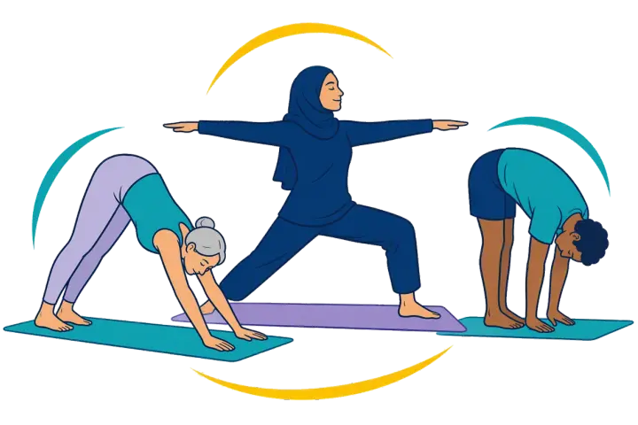Trois personnes de tous âges et de toutes morphologies pratiquent le yoga sur leurs tapis