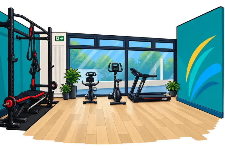 Le plateau technique du cabinet : rack de musculation, vélos et tapis de course