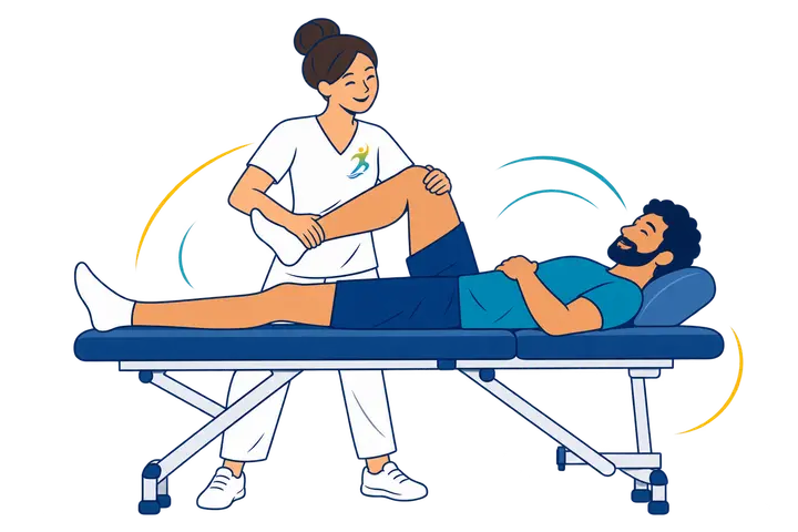 Kinésithérapeute mobilisant le genou d'un patient allongé sur une table de soin